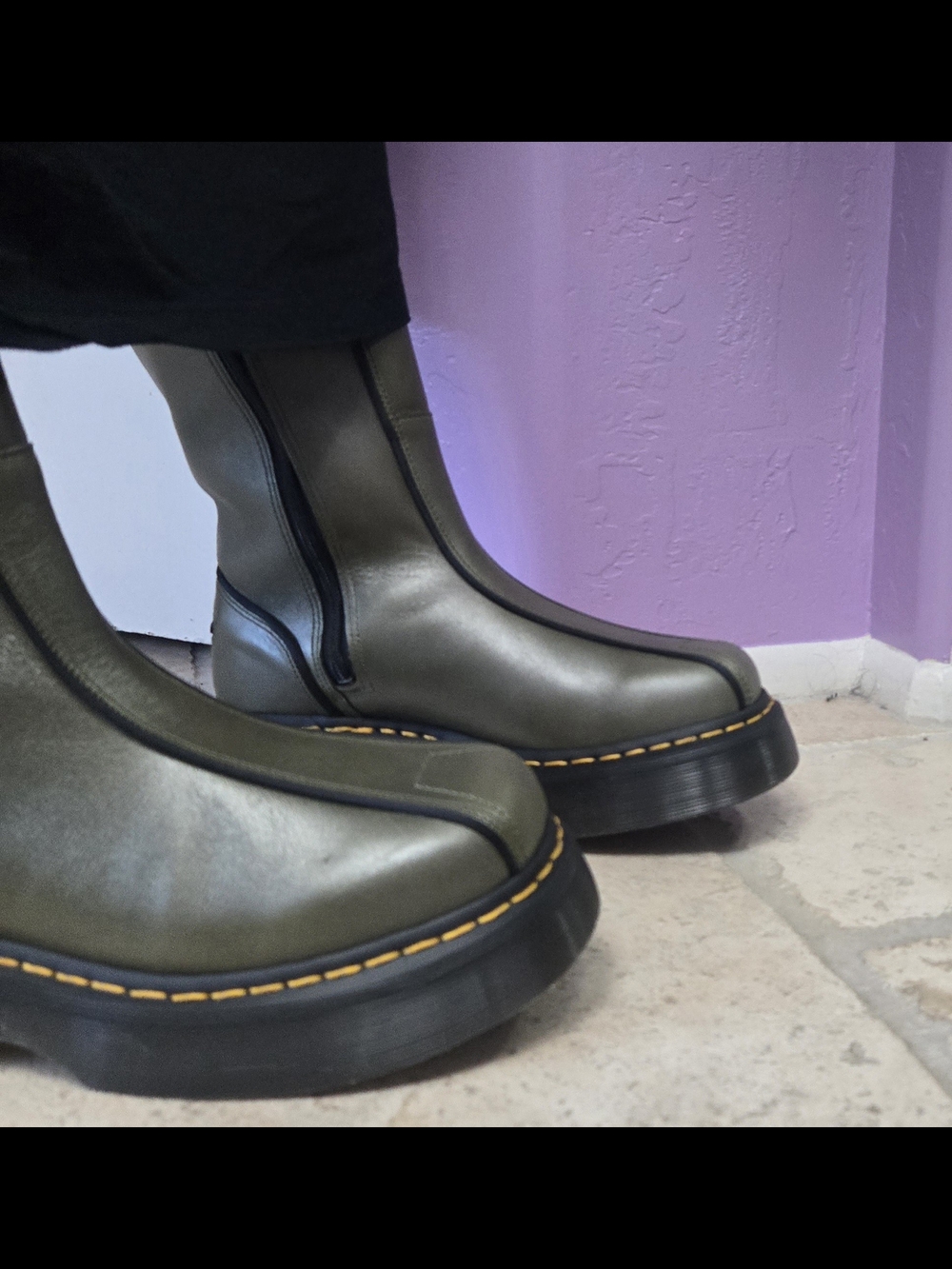 Dr. Martens Olive Green Leather Knee-High Zip Boots with Yellow Stitching - Picture 2 of 16